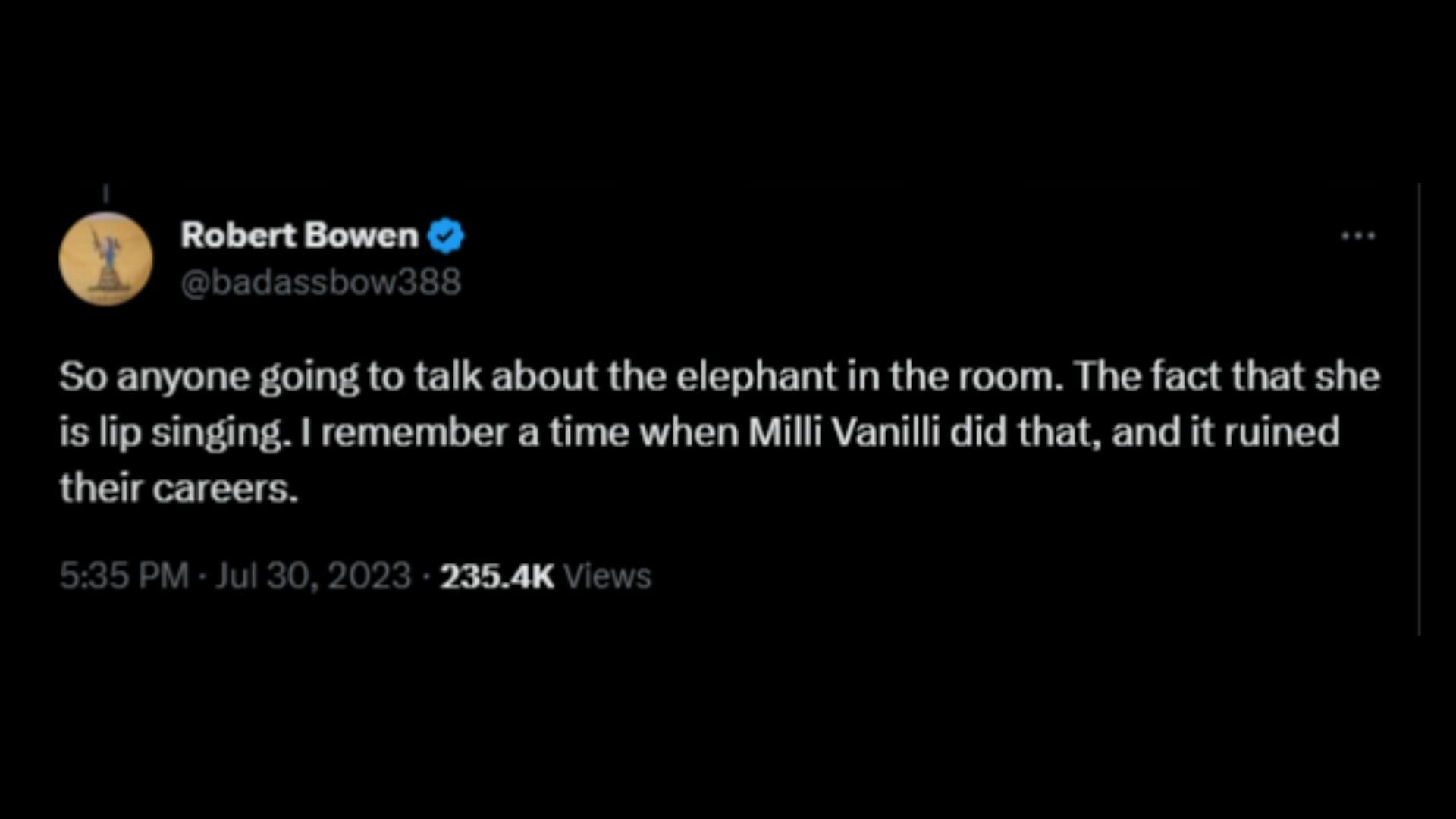 Screenshot of a Twitter user remarking on Cardi&#039;s lip-syncing and mic-throwing incident. (Photo via @bennyjohnson/Twitter)