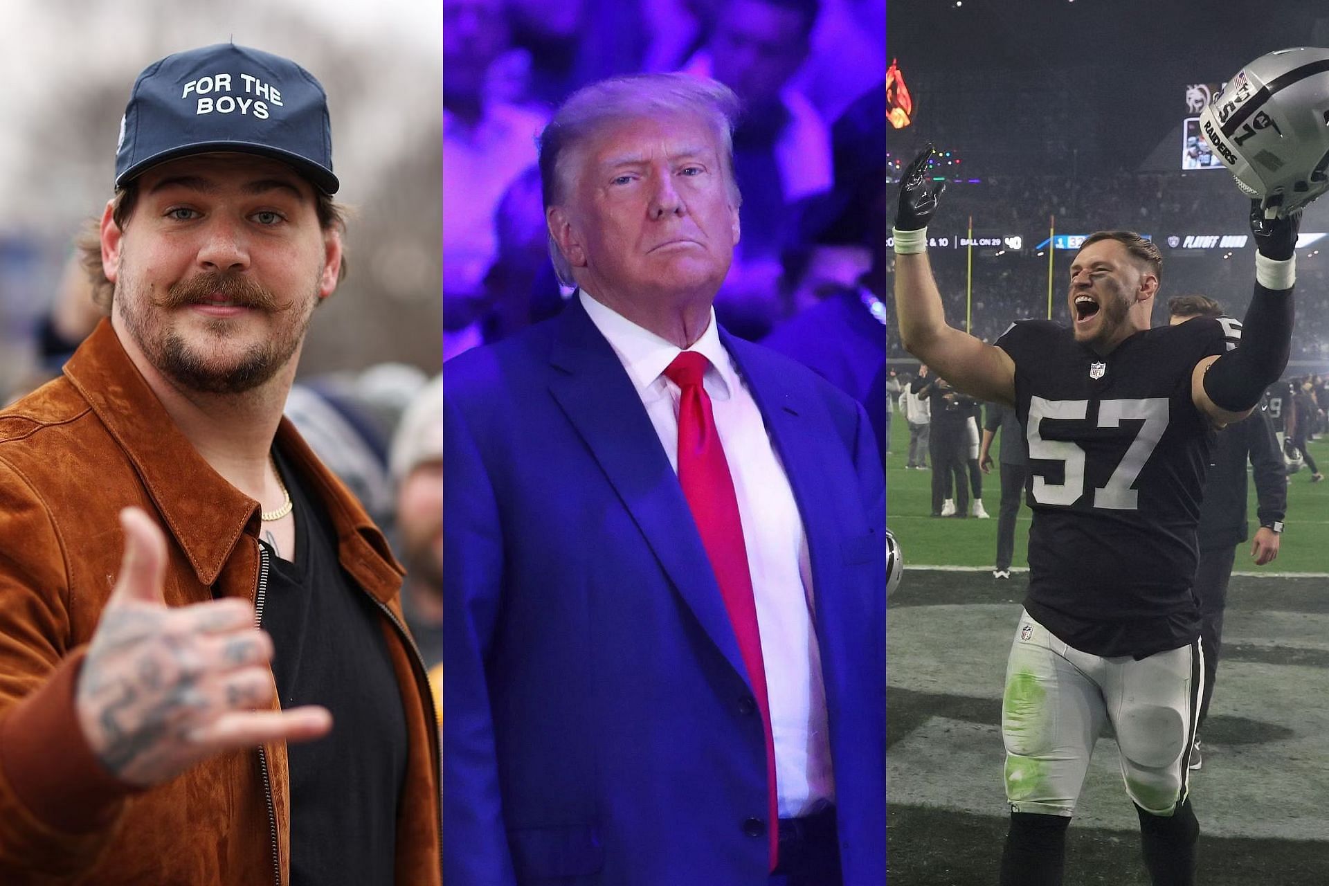 NFL stars Will Compton and Taylor Lewan greeting former President Donald Trump at UFC 290