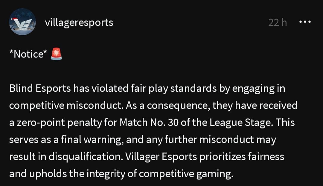 Villager Esports issues notice on the Blind Esports team (Image via Threads/@villageresports)
