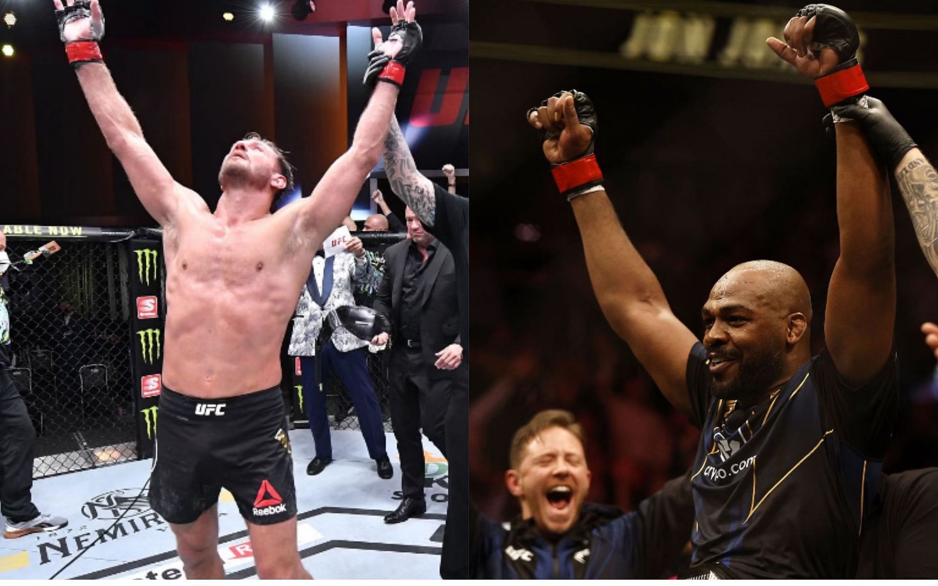 UFC former heavyweight champion Stipe Miocic on the left and the current UFC heavyweight champion Jon Jones on the right.