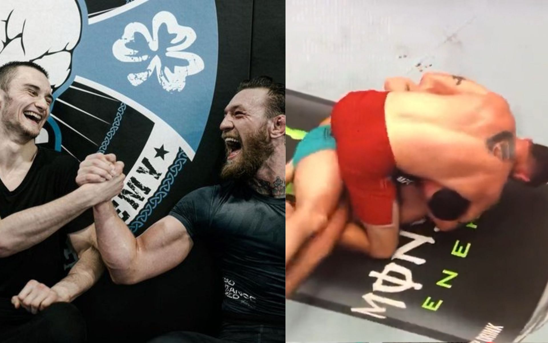 Conor McGregor and Lee Hammond (left) and Lee Hammond getting choked out (right) (Image credits @thenotoriousmma and @fishing_ltd on Twitter)