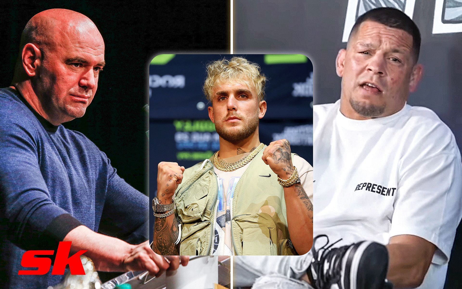 Dana White (Left); Jake Paul (Middle); Nate Diaz (Right) [*Image courtesy: left and middle images via Getty Images; right image via Bradley Martyn