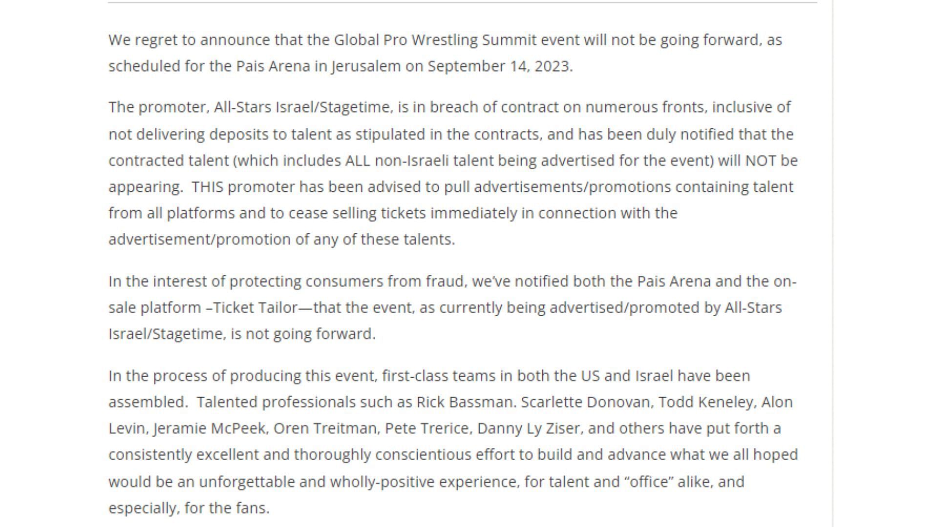A brief excerpt of the press release shared by Haus of Wrestling.