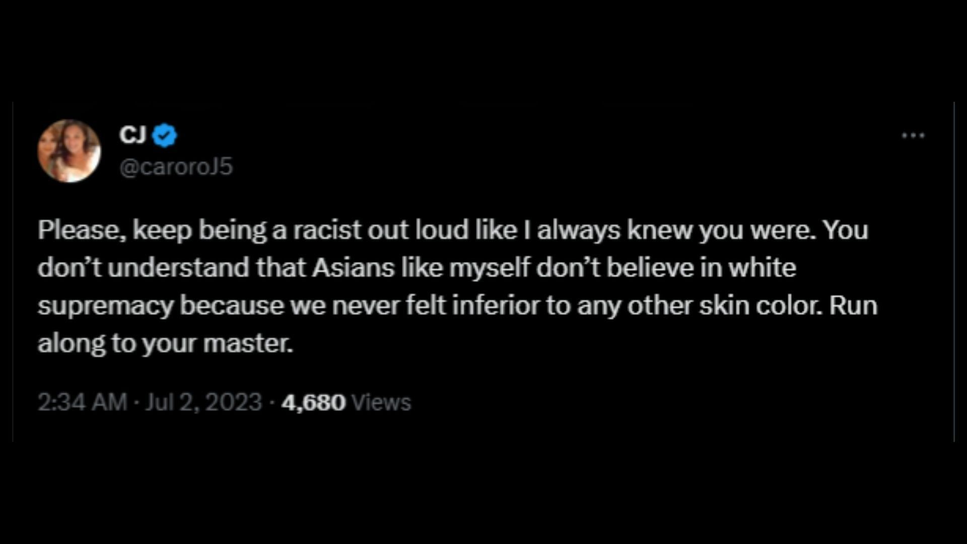 Screenshot of a Twitter user remarking on Hill&#039;s remarks on Asian Americans. (Photo via @jemelehill/Twitter)