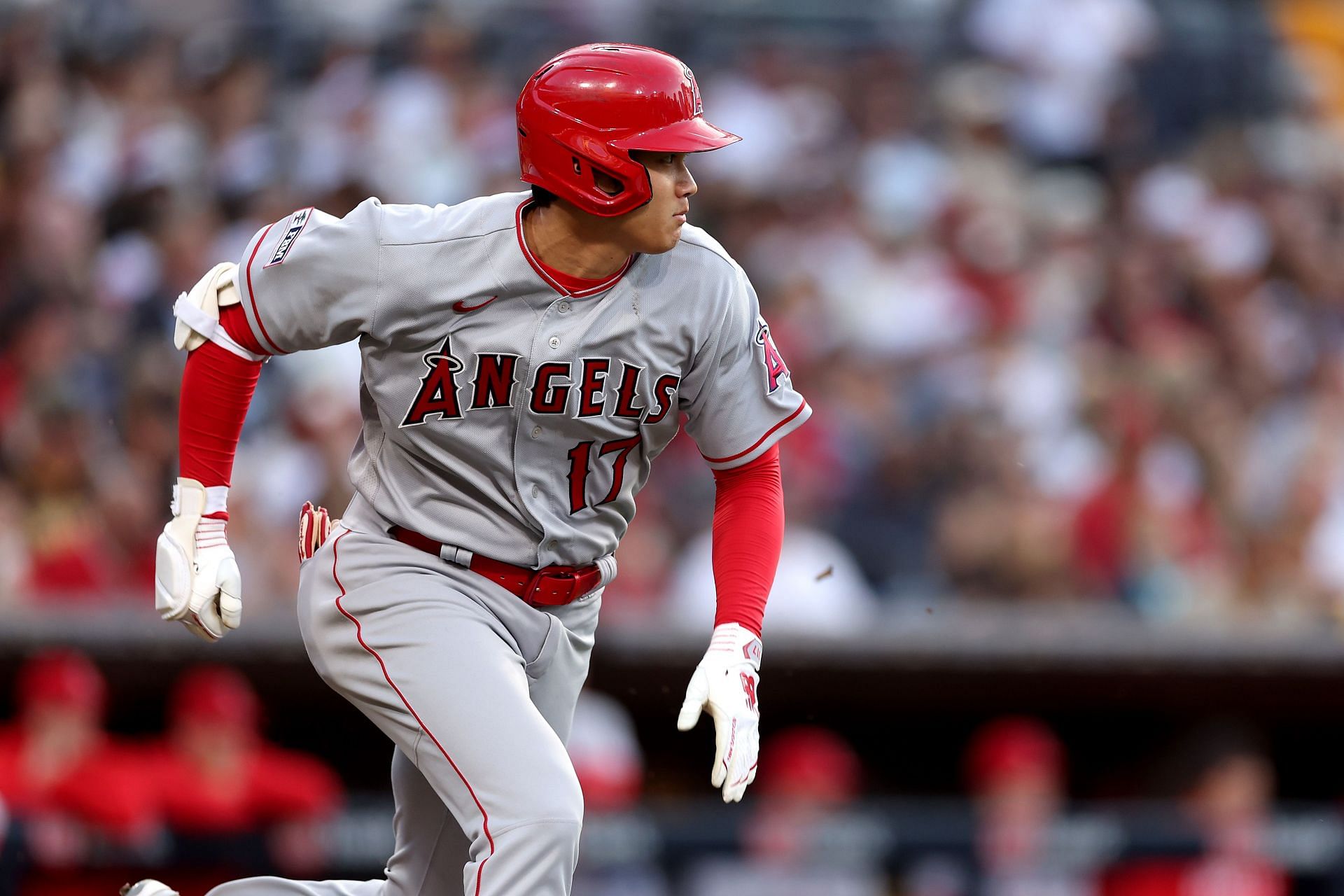 SAN DIEGO, CALIFORNIA - JULY 03: Shohei Ohtani #17 of the Los Angeles Angels grounds into a fielders choice during the third inning of a game against the San Diego Padres at PETCO Park on July 03, 2023 in San Diego, California. (Photo by Sean M. Haffey/Getty Images)
