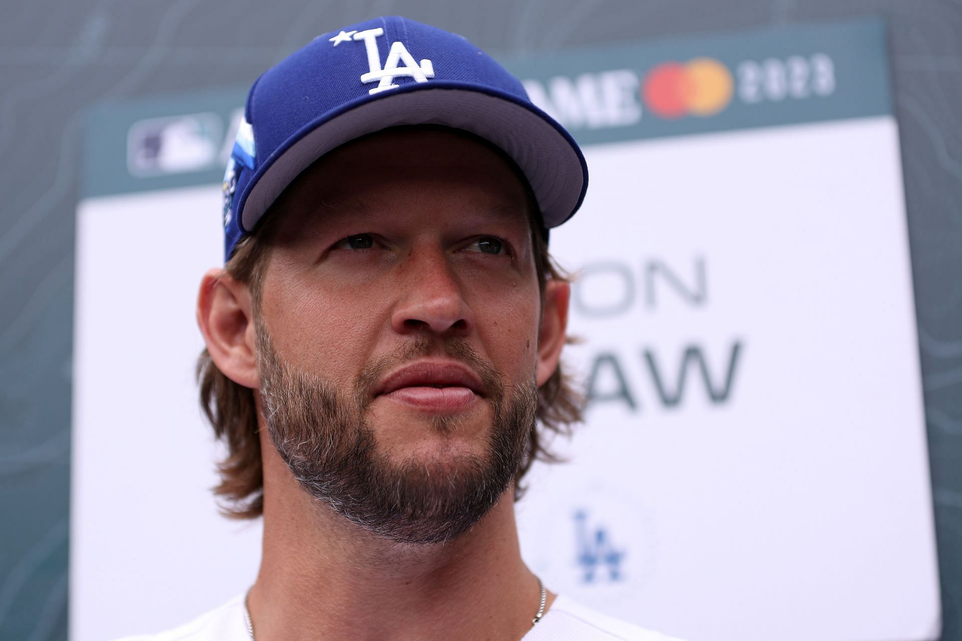 Clayton Kershaw of the Los Angeles Dodgers speaks to the media during Gatorade All-Star Workout Day at T-Mobile Park