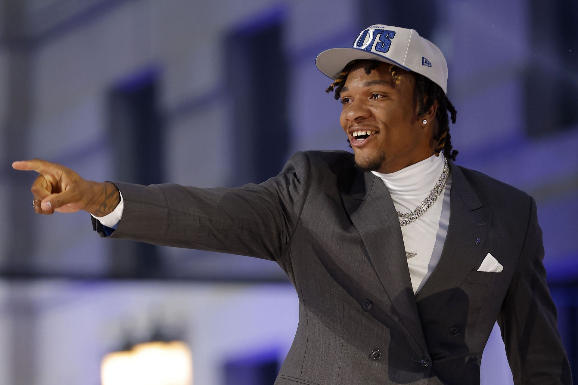 Anthony Richardson celebrates after being selected fourth overall by the Indianapolis Colts during the first round of the 2023 NFL Draft at Union Station on April 27, 2023, in Kansas City, Missouri.
