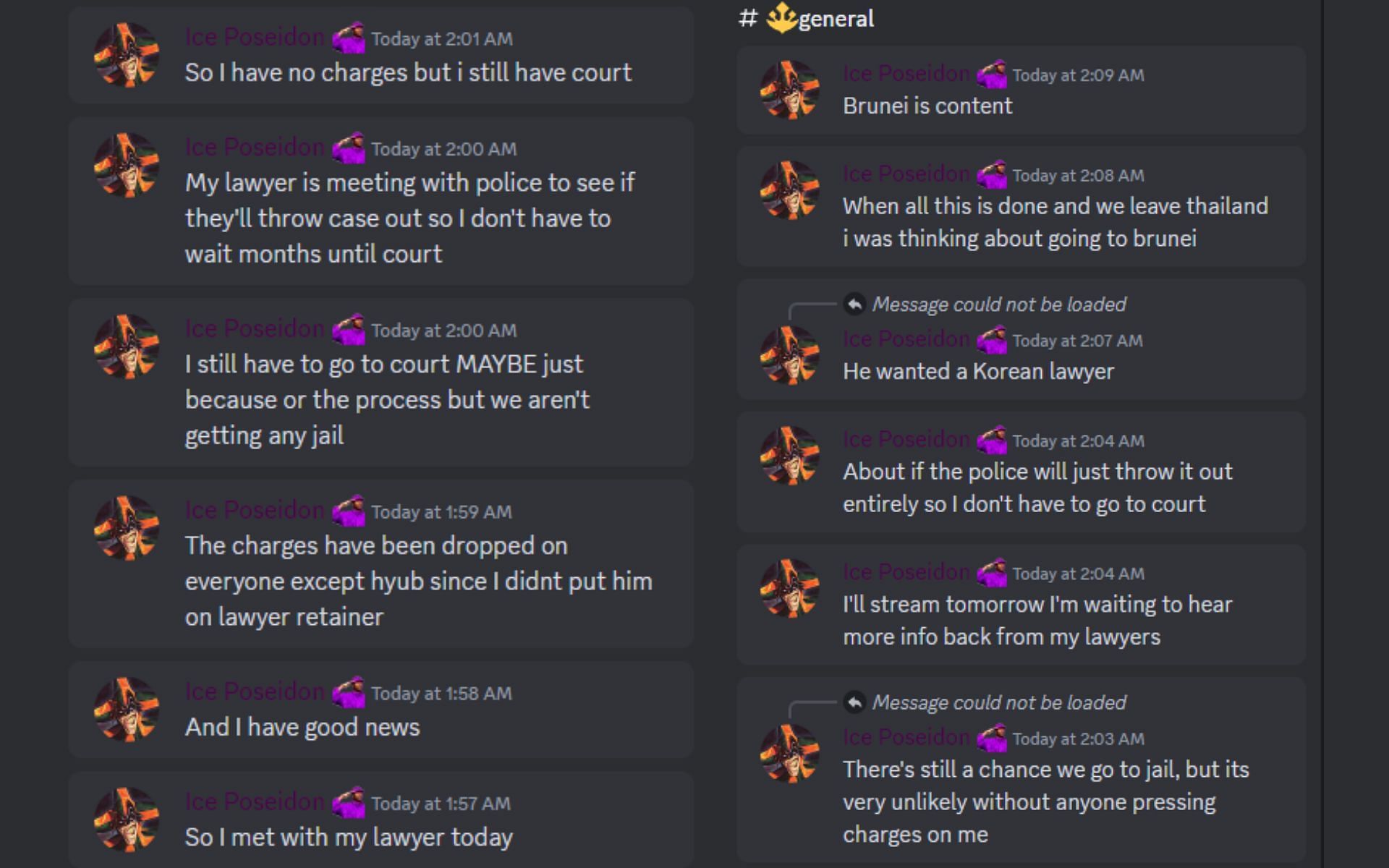 The streamer&#039;s Discord messages in which he provided an update on the recent controversy (Image via Purple Army/Discord)