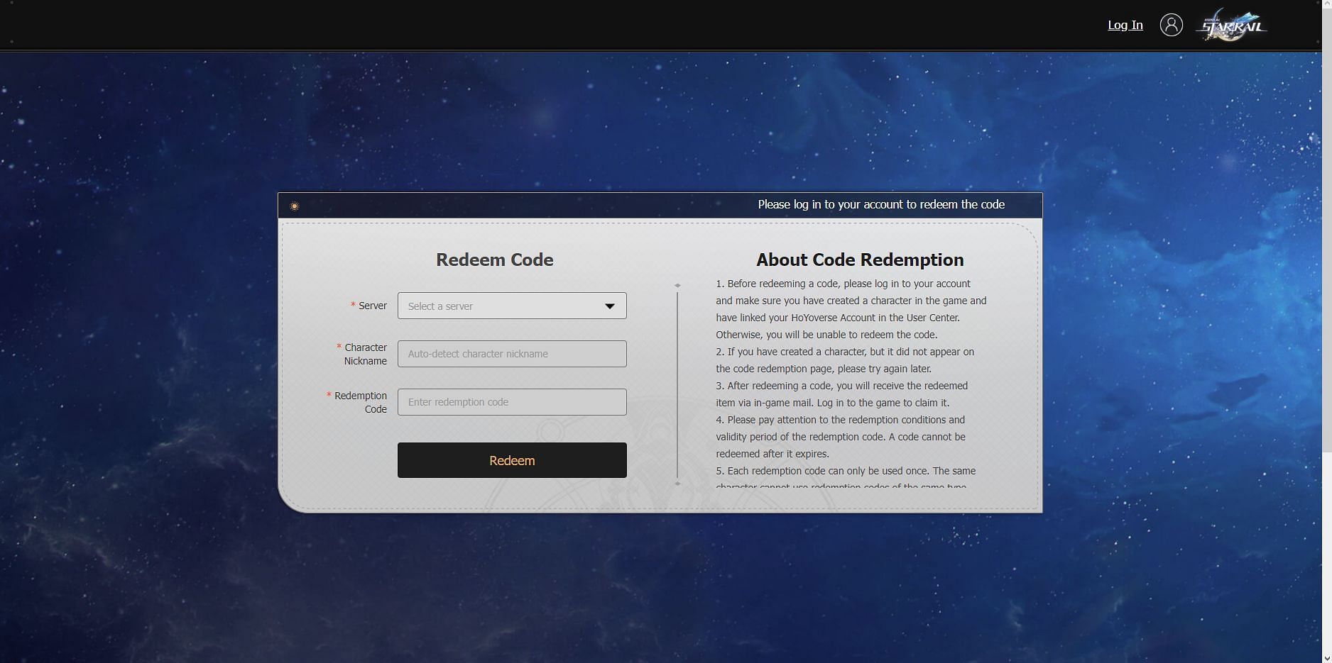 Official code redemption page for Honkai Star Rail (Image via HoYoverse)