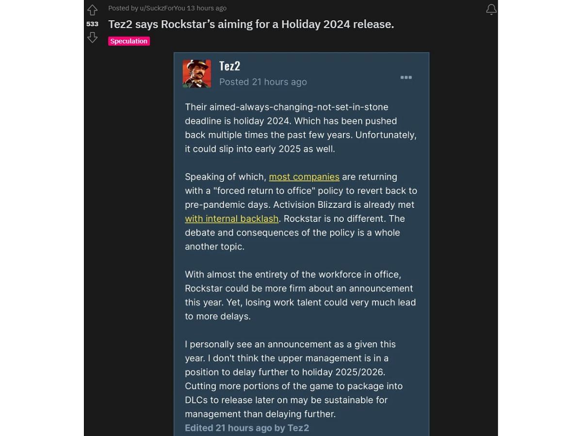 Tez2&rsquo;s remark about Grand Theft Auto 6&rsquo;s announcement and release date (Image via Tez2)