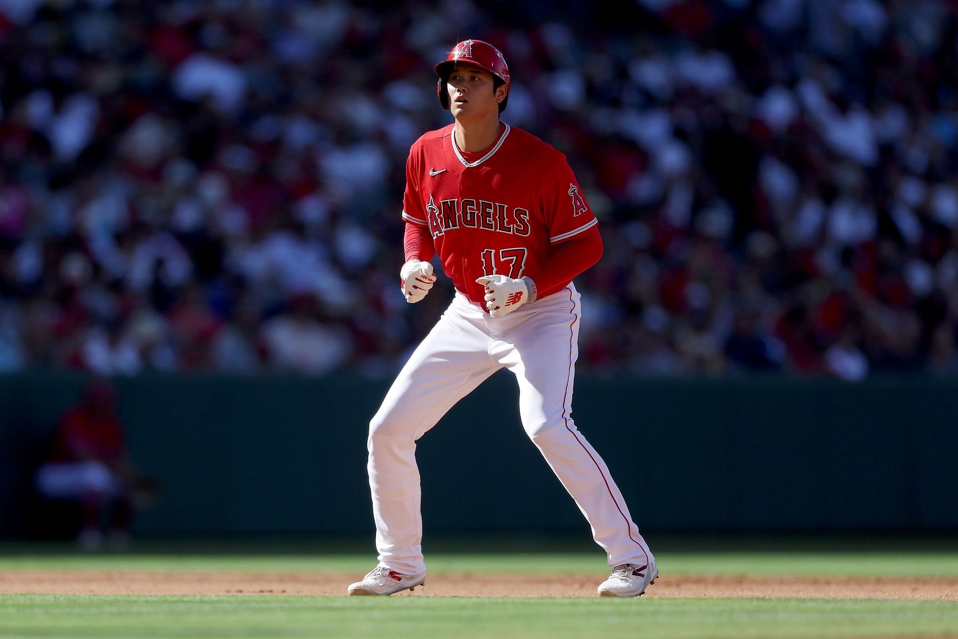 Shohei Ohtani of the Los Angeles Angels leads off second base at Angel Stadium of Anaheim