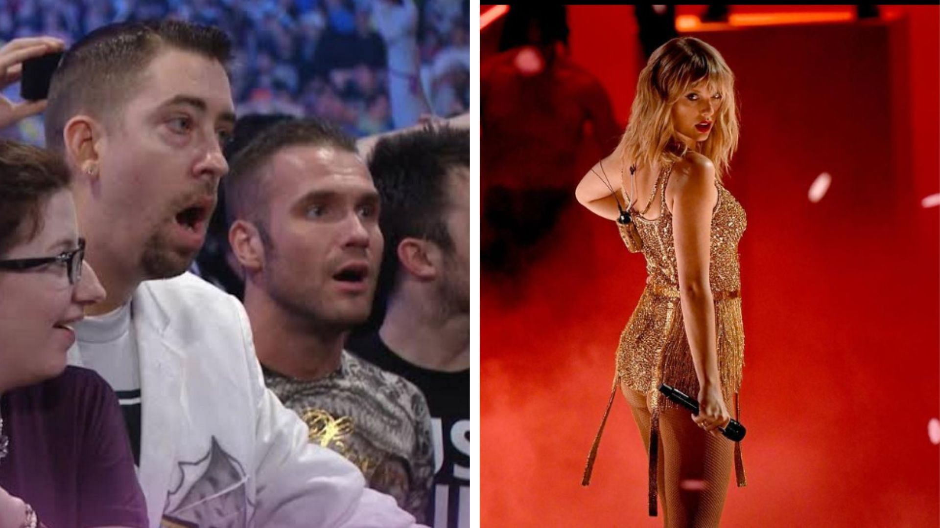 WWE fans stunned on the left, Taylor Swift on the right