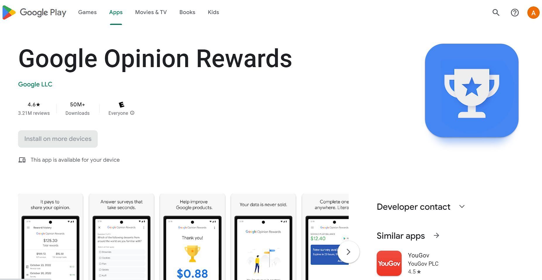 Download Google Opinion Rewards and answer the surveys made available (Image via Google Play Store)