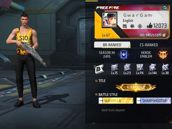 Gwar Gamer's Free Fire ID, stats, rank, guild, and more