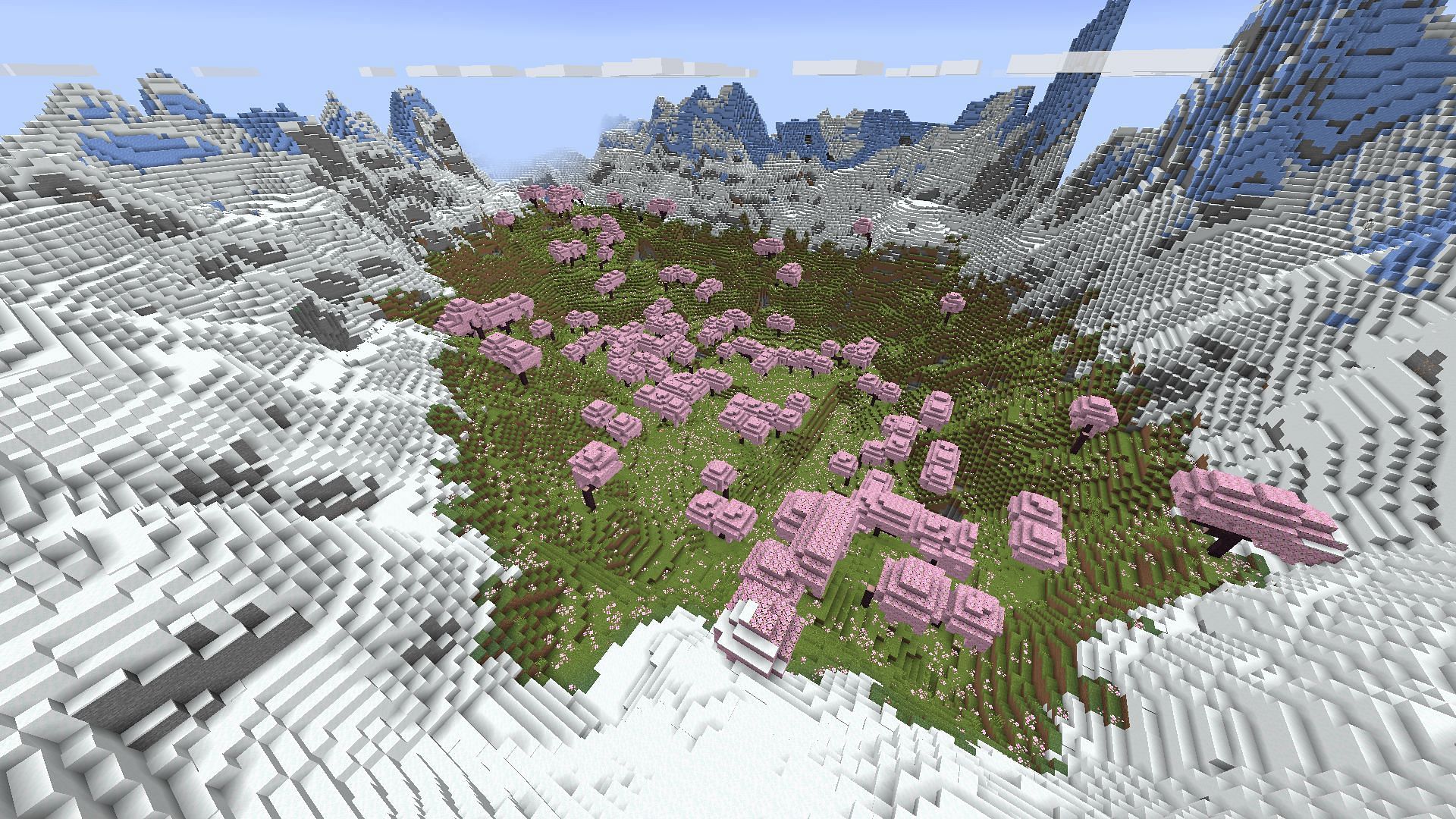 Cherry Grove biome surrounded by tall icy and snowy mountains in Minecraft 1.20.1 (Image via Mojang)