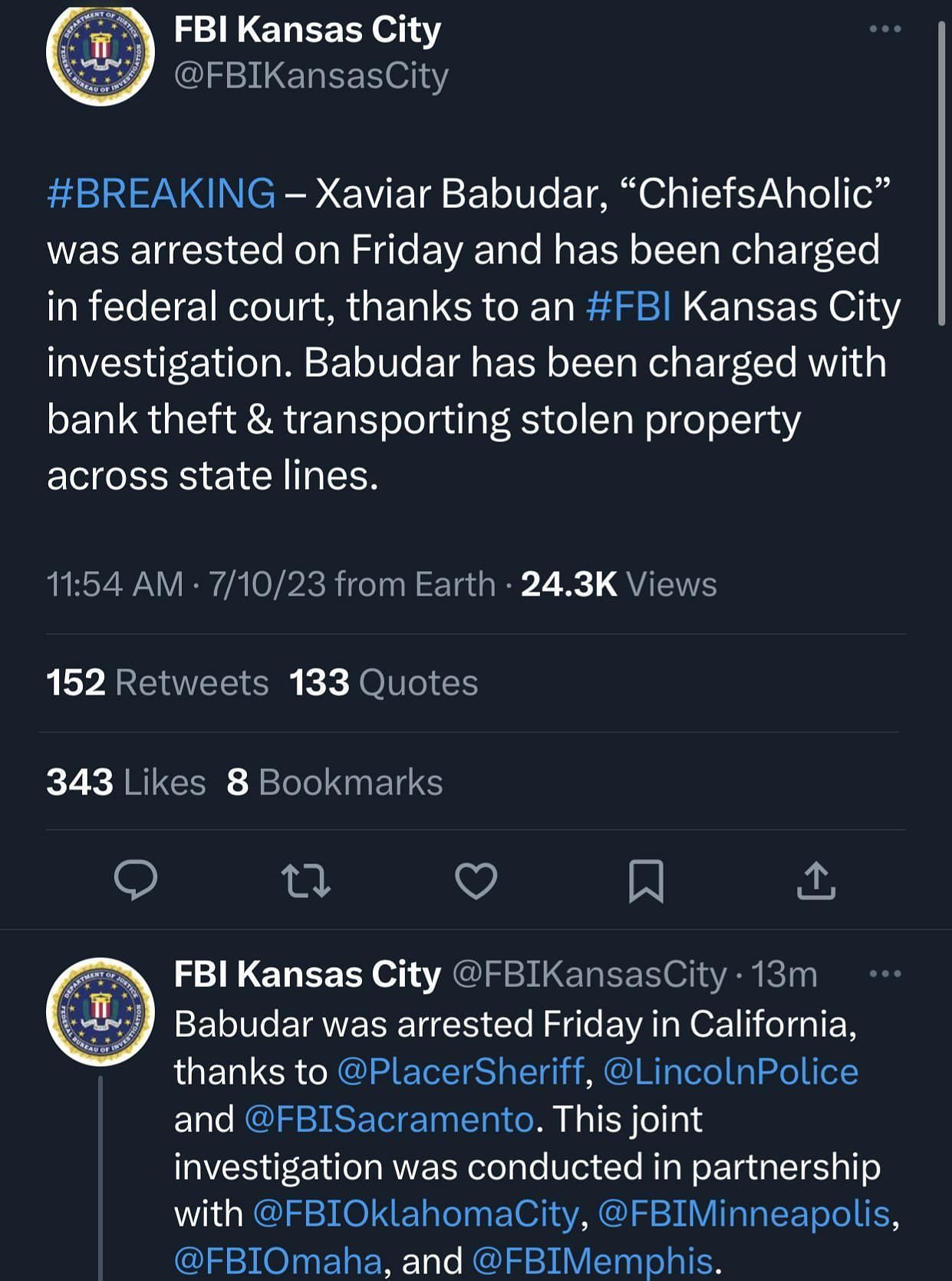 The announcement of ChiefsAholic&#039;s arrest (image via Reddit/Twitter)