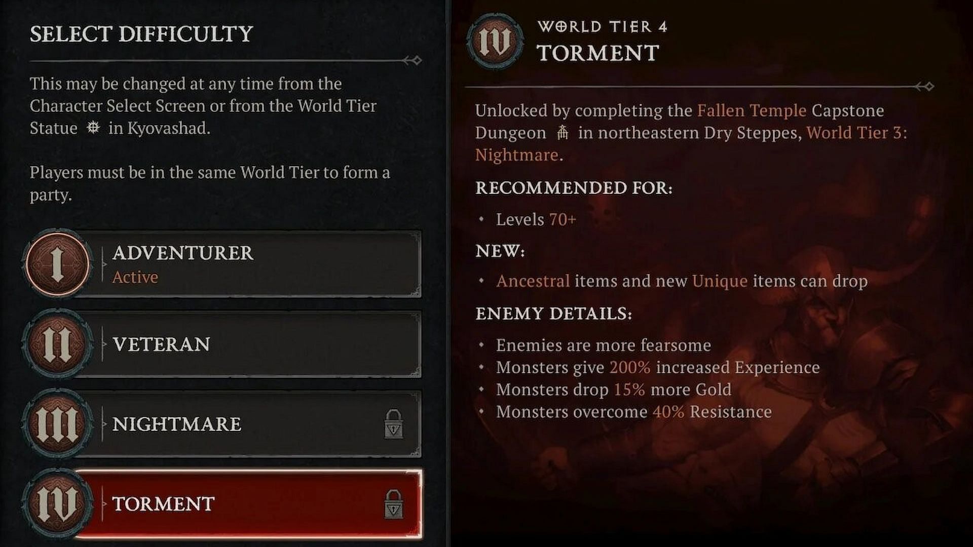 World Tier 4 will now require level 70 (Image via Diablo 4)