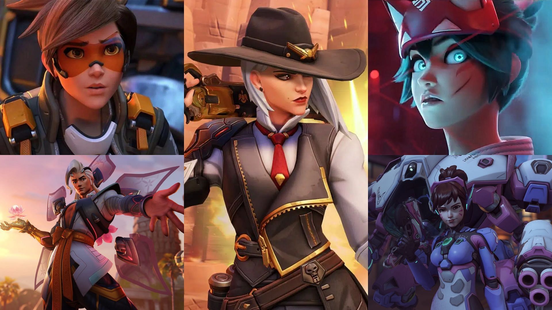 Team comp with D.Va, Ashe, Tracer, Kiriko, and Lifeweaver (Image via Blizzard Entertainment &amp; Sportskeeda)