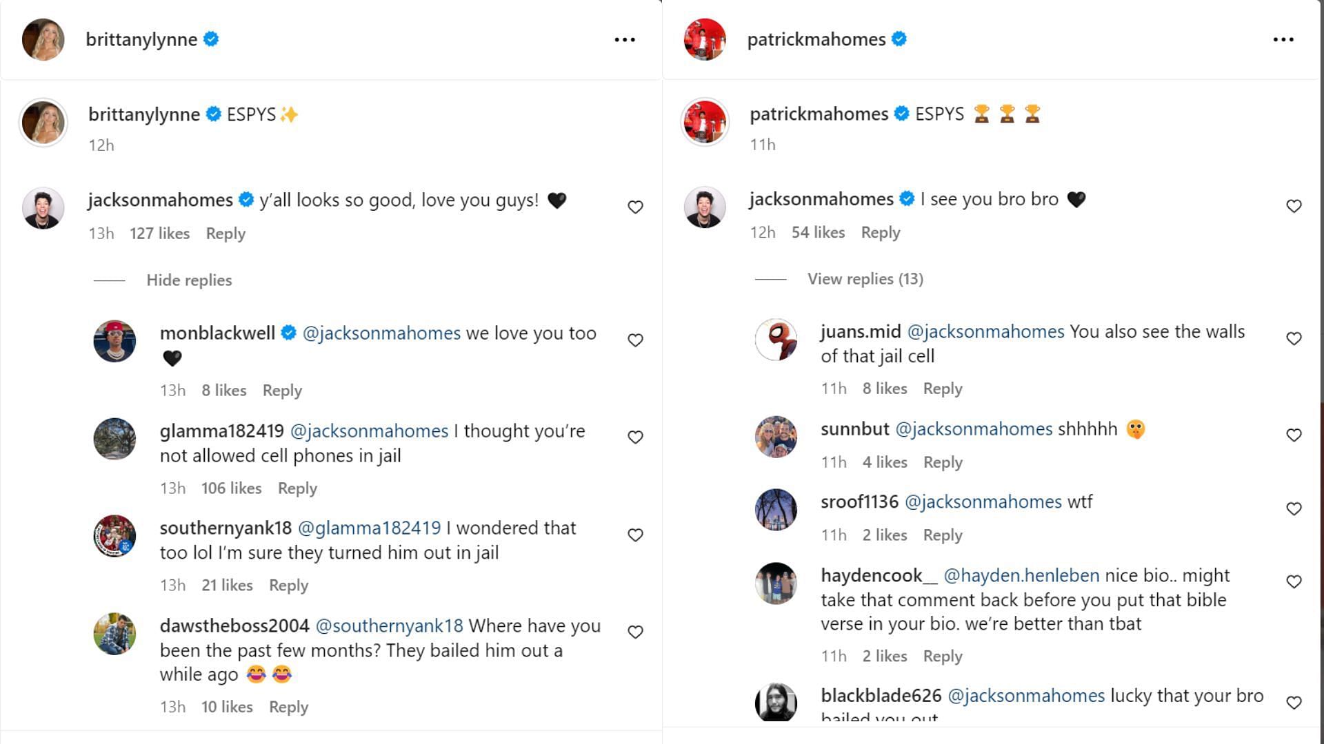 Jackson comments on Patrick and Brittany Mahomes&#039; Instagram