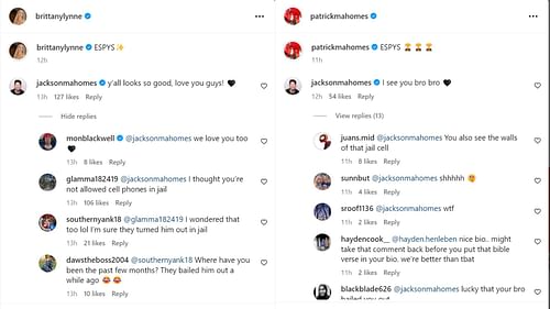 Jackson comments on Patrick and Brittany Mahomes' Instagram