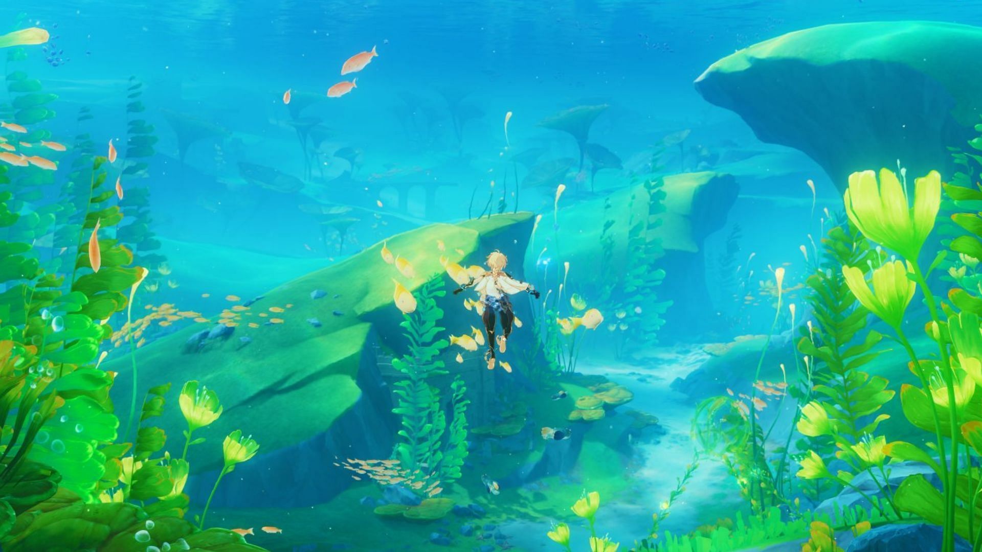 Traveler diving underwater in Fontaine (Image via HoYoverse)