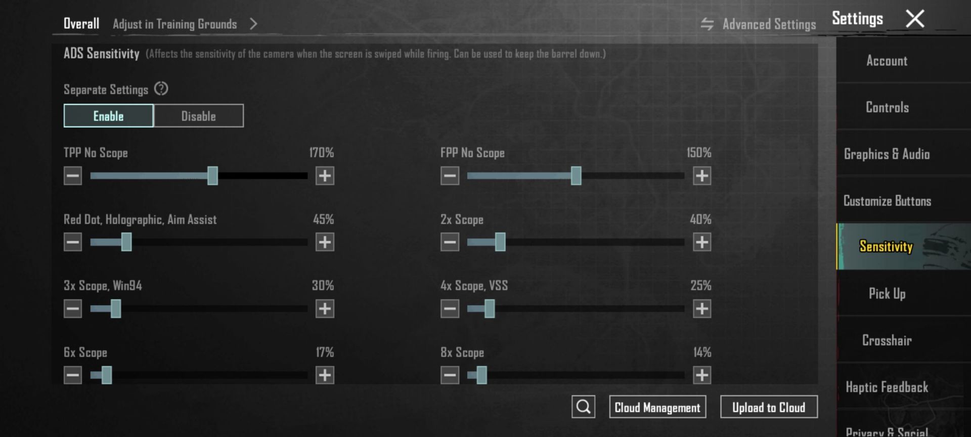 ADS sensitivity for 5-finger claw (Image via Krafton)