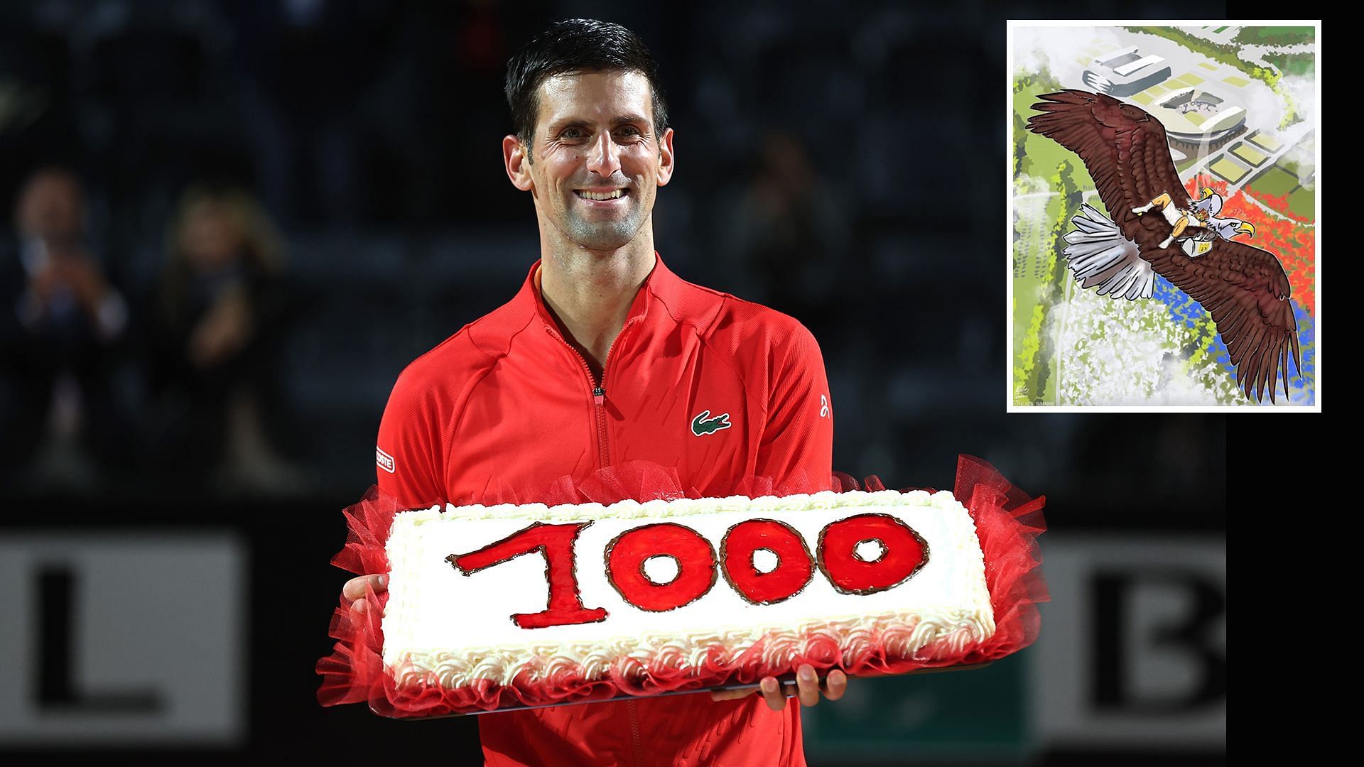 Novak Djokovic on his 1000th ATP match win and (inset) artwork by Aladin Tabakovic