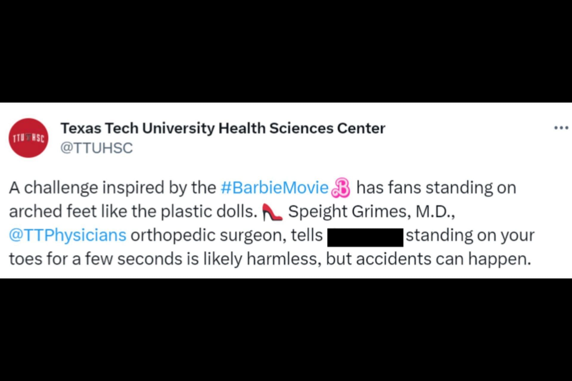 Health professionals warn people against the Barbie Feet challenge (Image via Twitter/@TTUHSC)