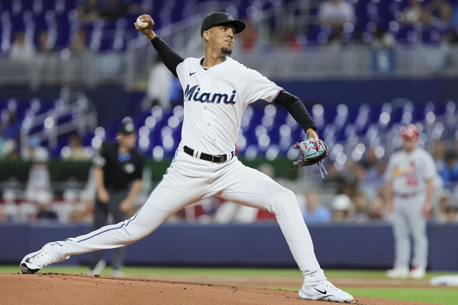Eury Perez #39 of the Miami Marlins pitches against the St. Louis Cardinals during the first inning at loanDepot park on July 6, 2023 in Miami, Florida.