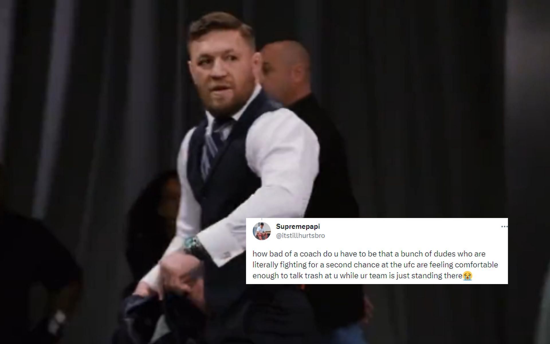 Conor McGregor following his confrontation with Michael Chandler  [Photo credit: @oocmma and @itstillhurtsbro- Twitter]