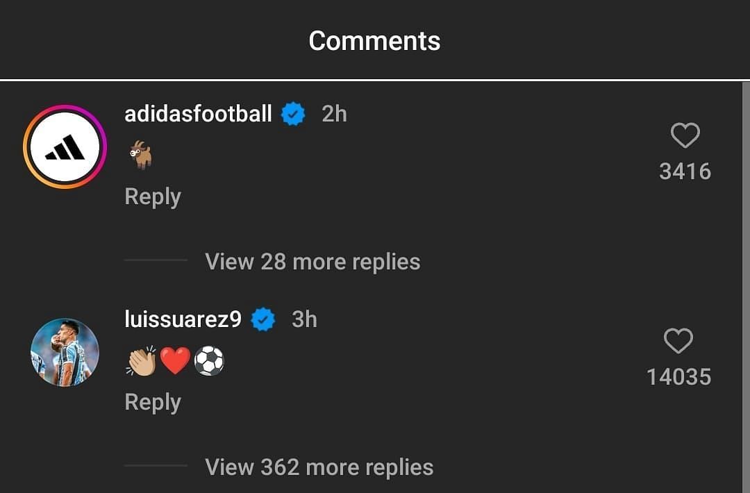 Luis Suarez&#039;s comment on Lionel Messi&#039;s Instagram post.