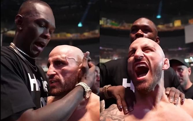 Israel Adesanya bows down as he declares Alexander Volkanovski the "greatest of all time" as the pair embrace at UFC 290 [VIDEO]
