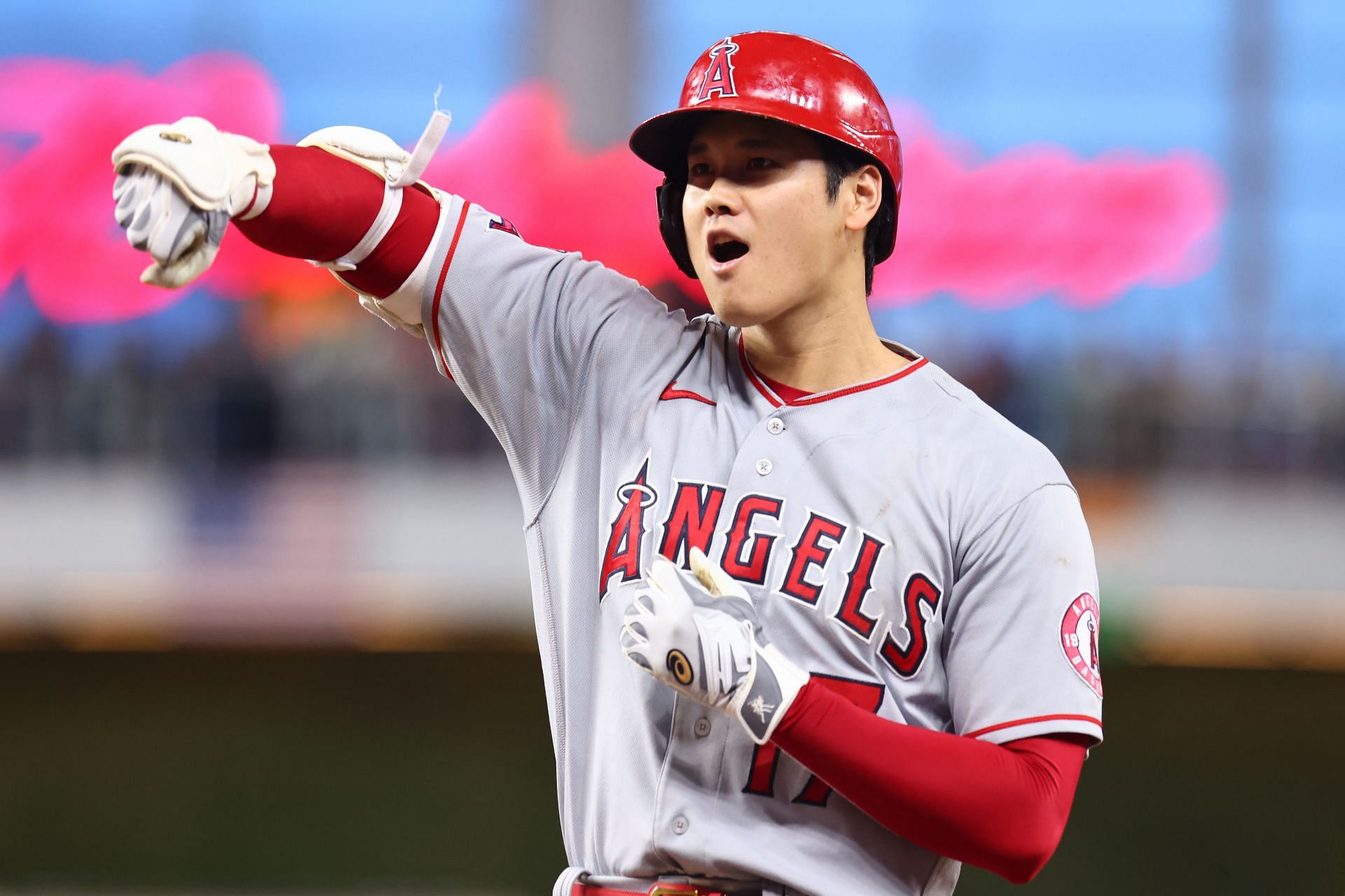 Shohei Ohtani of the Los Angeles Angels celebrates during the fifth inning at loanDepot park