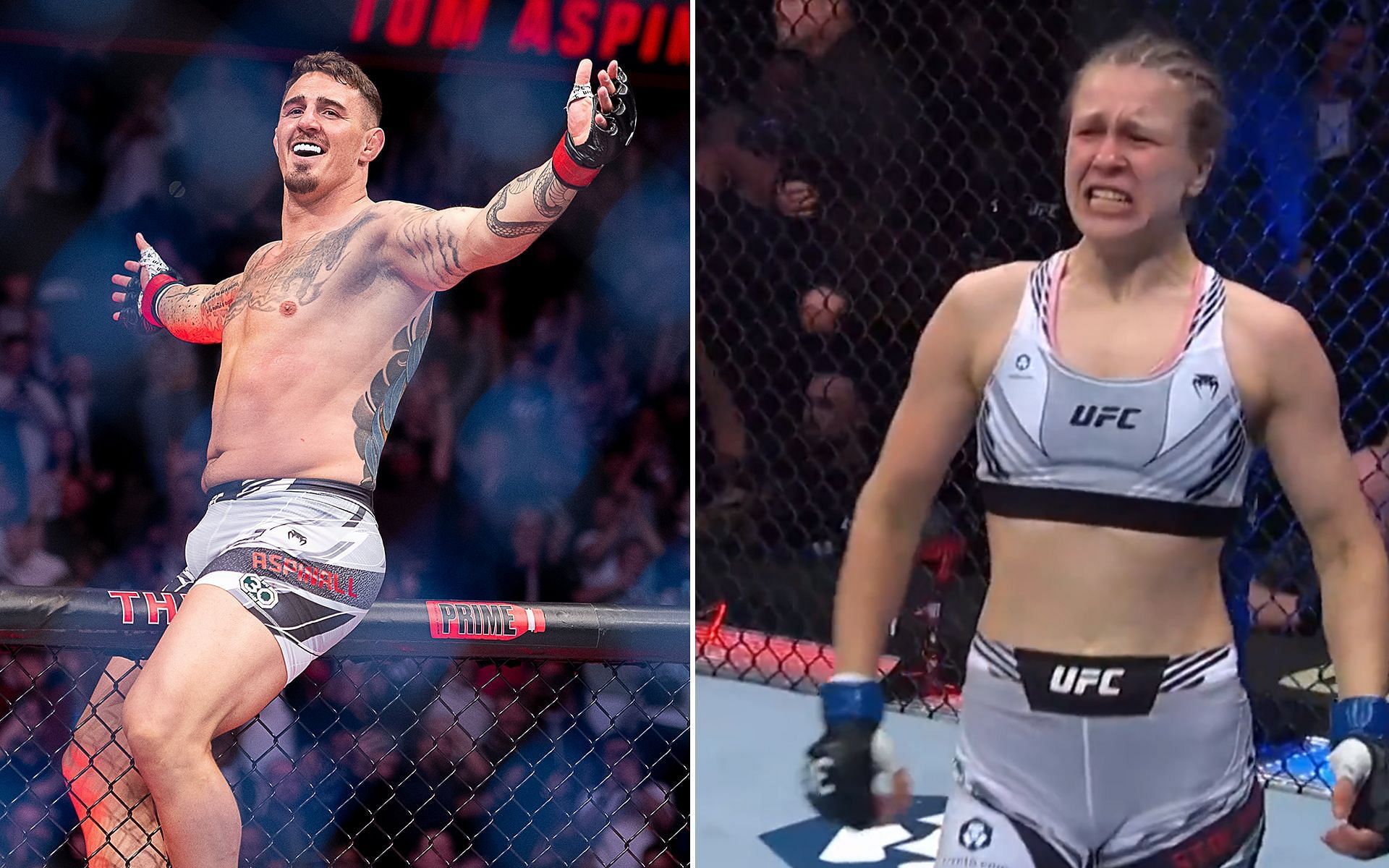 Tom Aspinall [L] and Julija Stoliarenko [R] celebrating their UFC London wins [Images via @ufc Twitter]