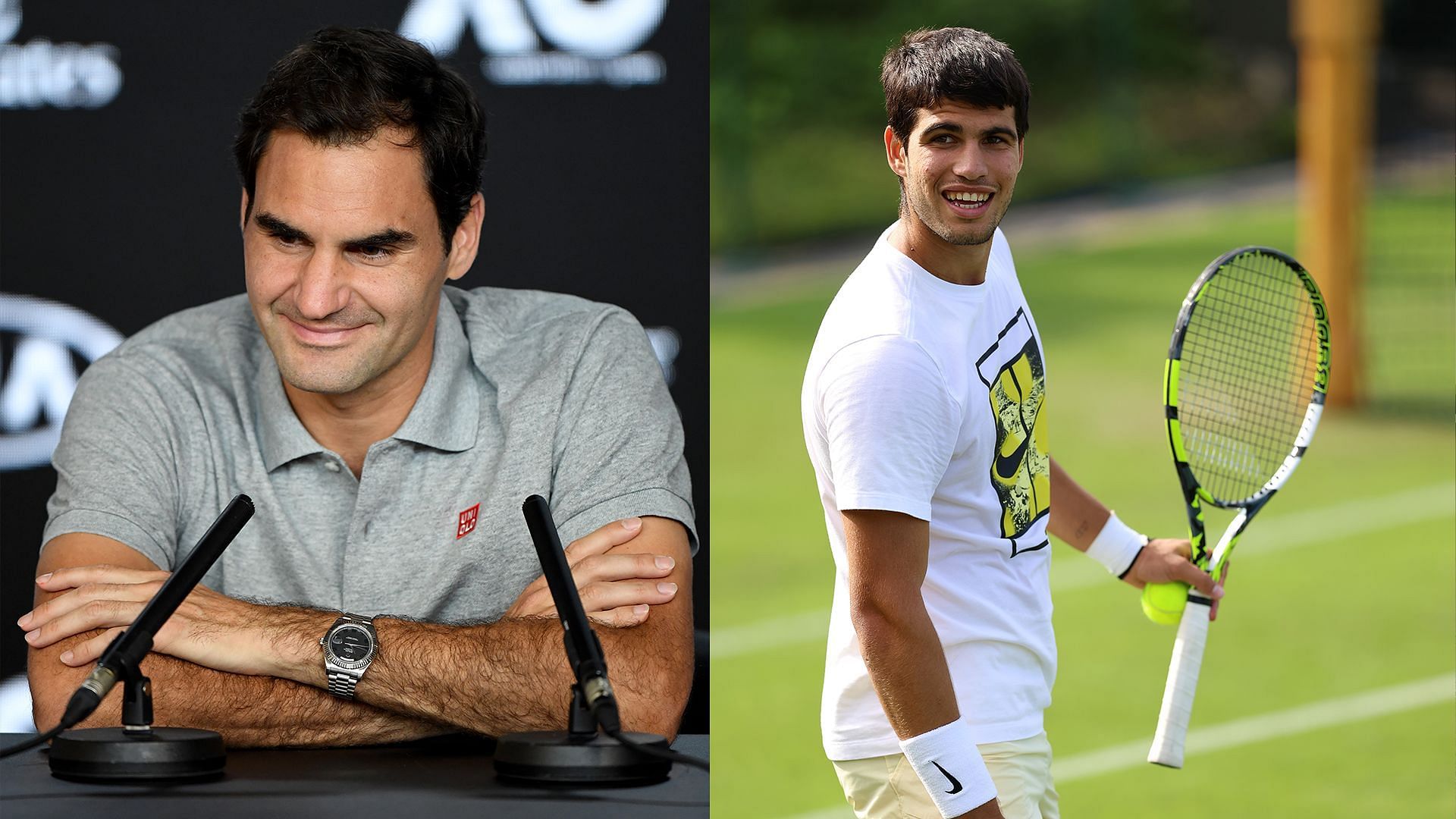 Roger Federer (L) and Carlos Alcaraz (R)