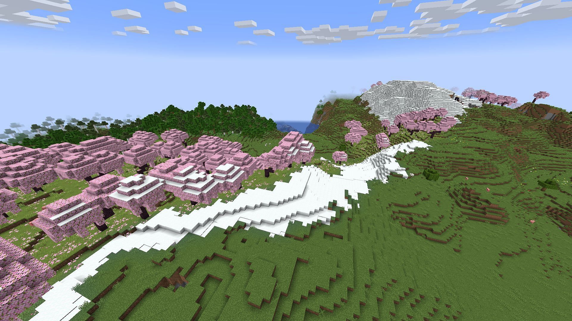 Long Cherry Grove biome with Deep Dark biome beneath it in Minecraft 1.20.1 (Image via Mojang)