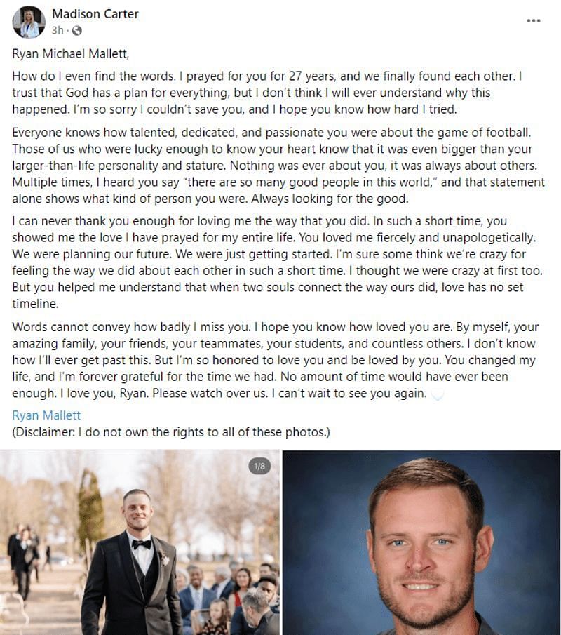Madison Carter penned a tribute to her boyfriend, the late Ryan Mallett. (Screenshot from Madison Carter&#039;s Facebook account)