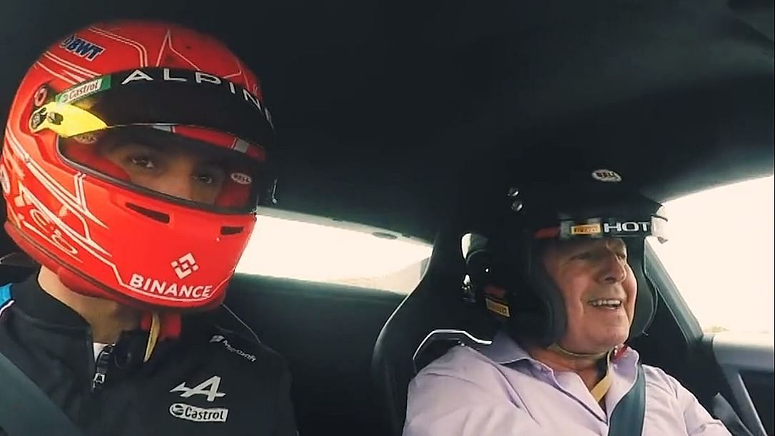 Esteban Ocon (L) and Martin Brundle (R) doing hot laps around the Silverstone Circuit (Image via Sportskeeda)