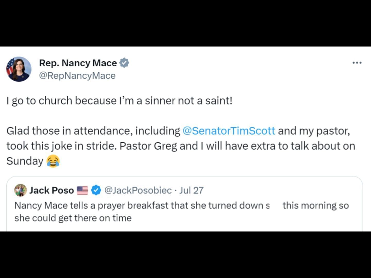 Rep. Mace responds to tweets talking about her remark at the prayer breakfast. (Image via Twitter/@JackPosobiec)