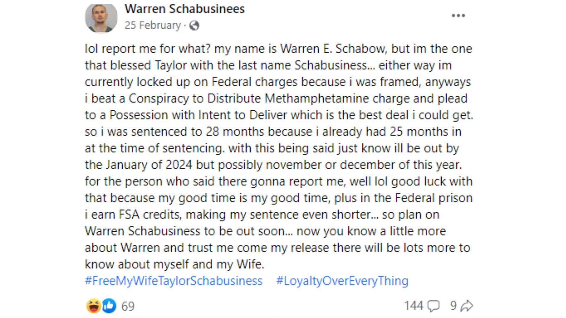 Warren Schabusiness claimed that he will reveal more information about his case following his release from prison (image via Warren Schabusiness/Facebook)