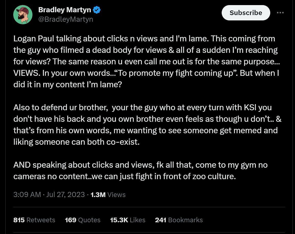 Bradley Martyn&#039;s tweet, dated July 27, 2023 (Image via Twitter)