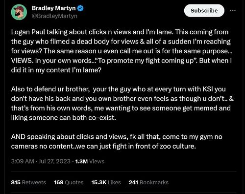 Bradley Martyn's tweet, dated July 27, 2023 (Image via Twitter)