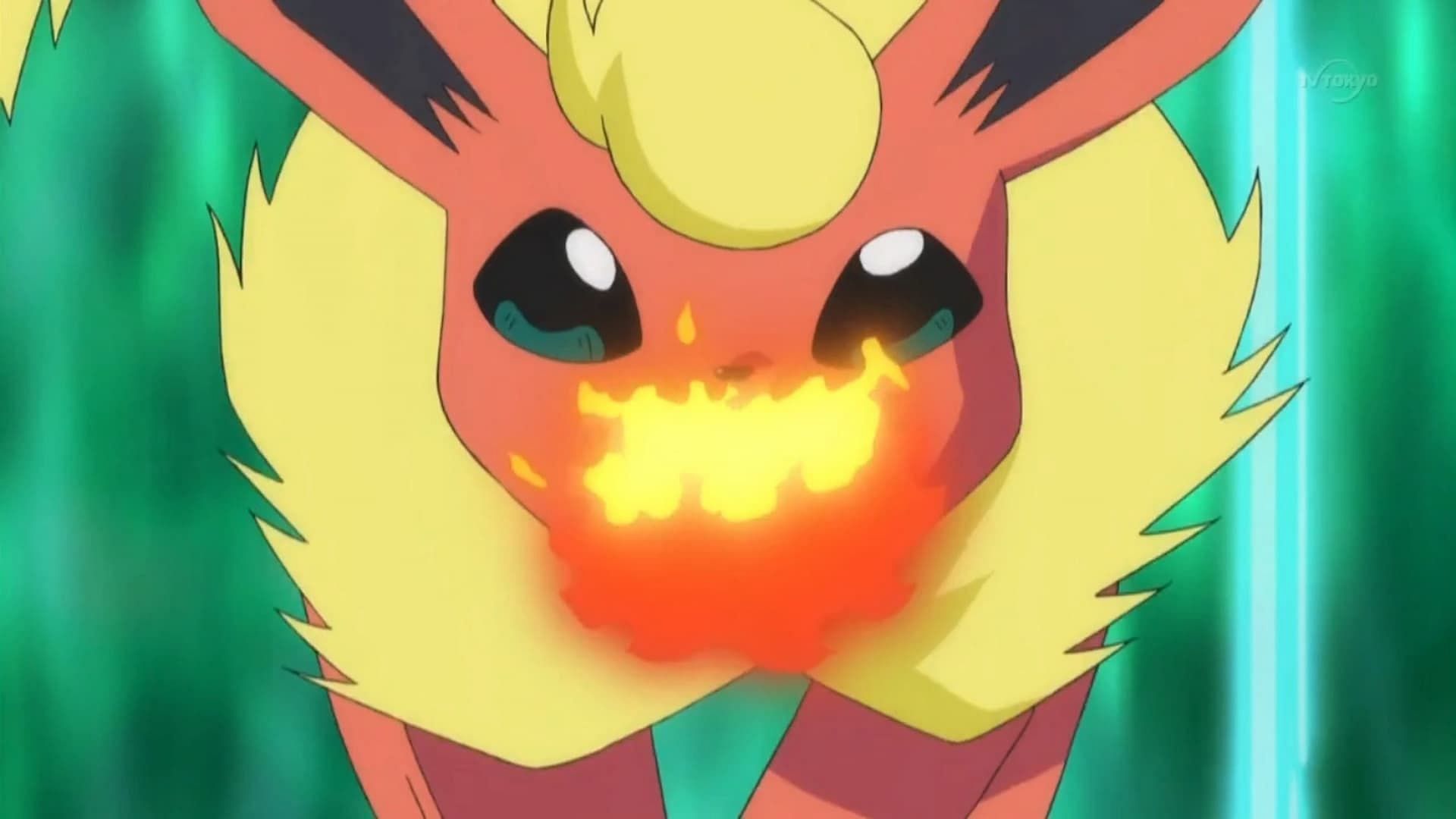 Flareon Using Fire Fang in the Anime (Image via The Pokemon Company)