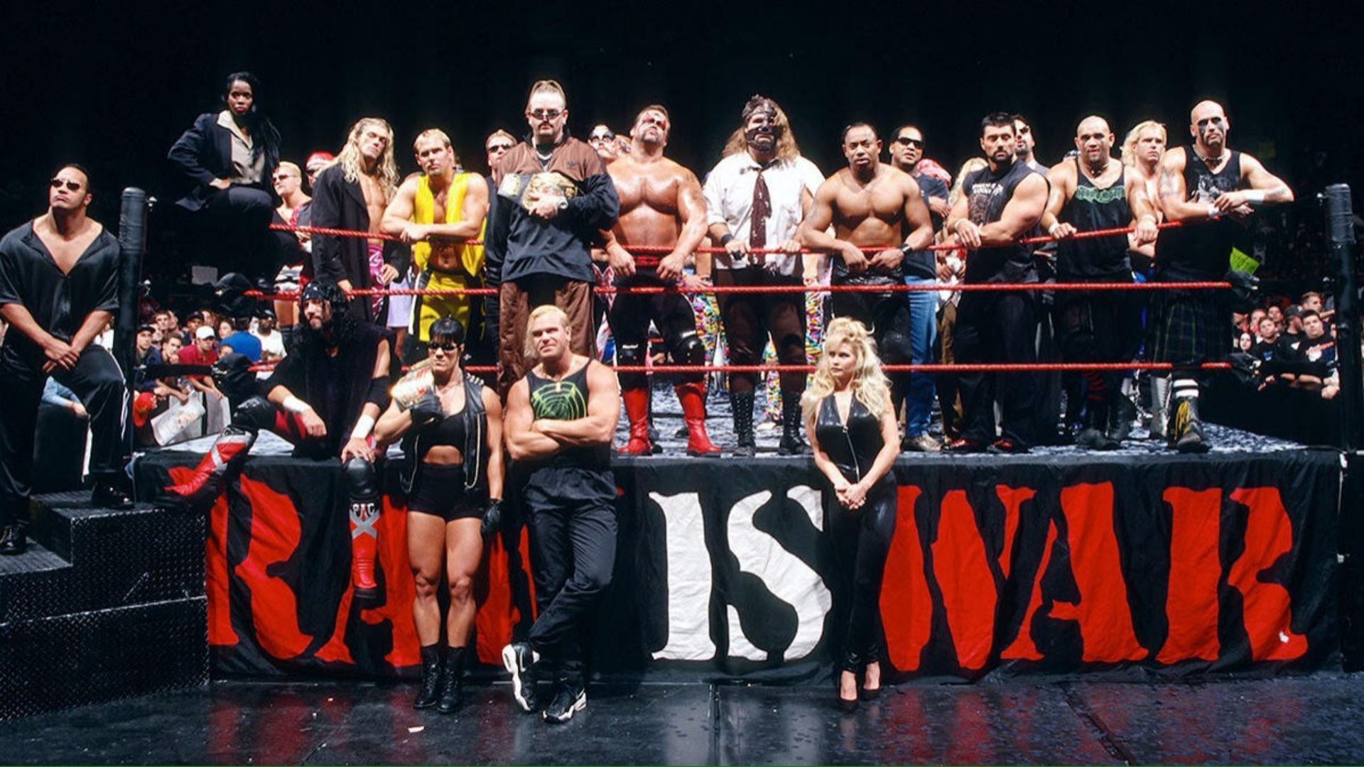 An iconic photo of stars during the Attitude Era.