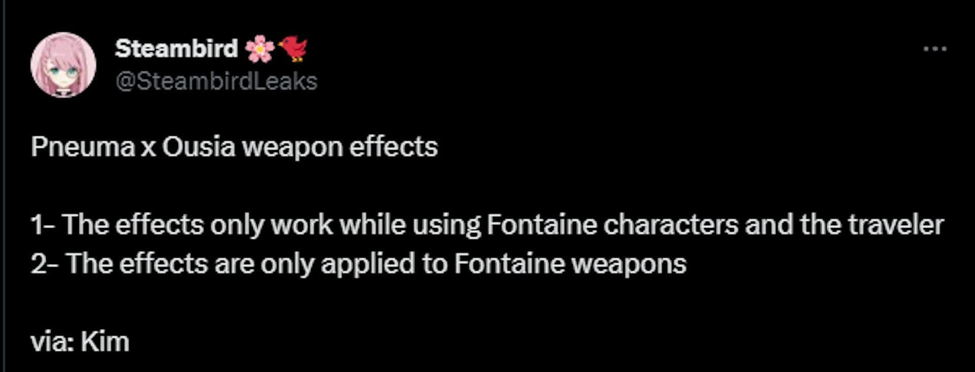 This mechanic also applies a new visual effect on Fontaine weapons (Image via @SteambirdLeaks)