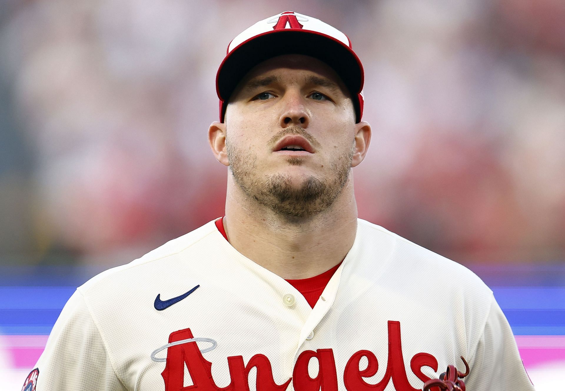 Mike Trout #27 of the Los Angeles Angels at Angel Stadium of Anaheim on July 01, 2023