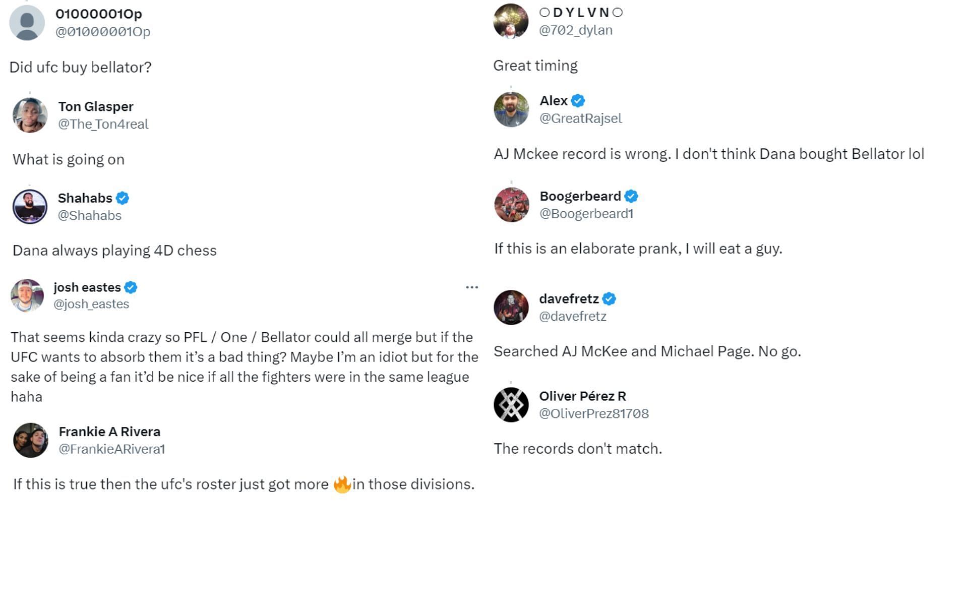 Screenshots of fan responses to the rumors of UFC buying Bellator