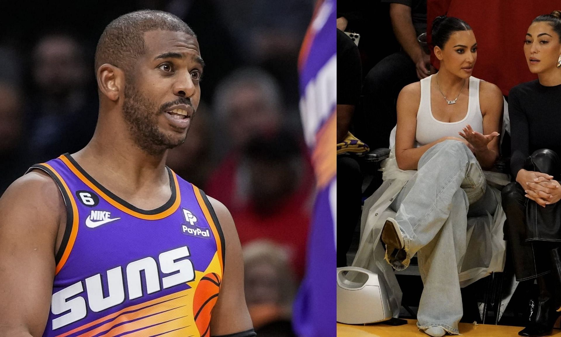 Chris Paul (left) with the Phoenix Suns in 2023 and media personality Kim Kardashian (right) at an NBA game