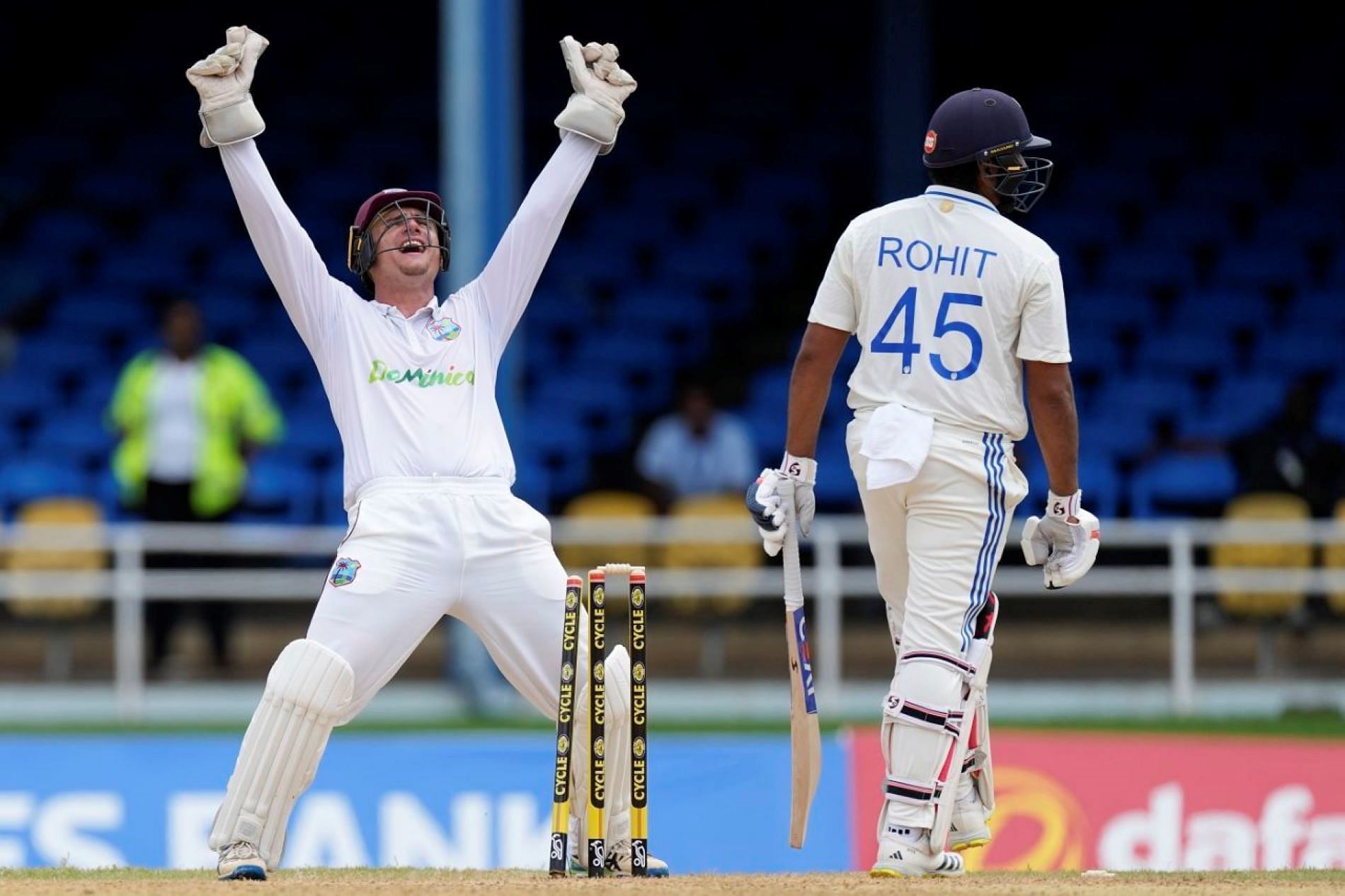Rohit Sharma was cleaned up a ripper off Jomel Warrican.