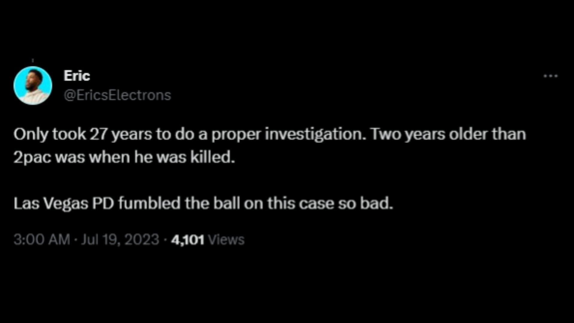 Screenshot of a Twitter user remarking on the investigation in Tupac Shakur&#039;s murder case. (Photo via @disclosetv/Twitter)